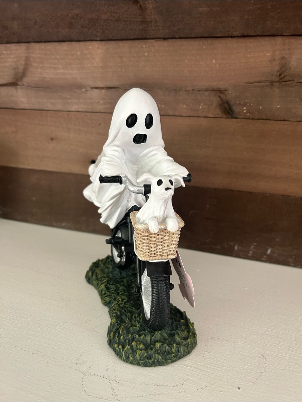 Ghost Riding Bicycle Figurine with Basket Dog - White & Black